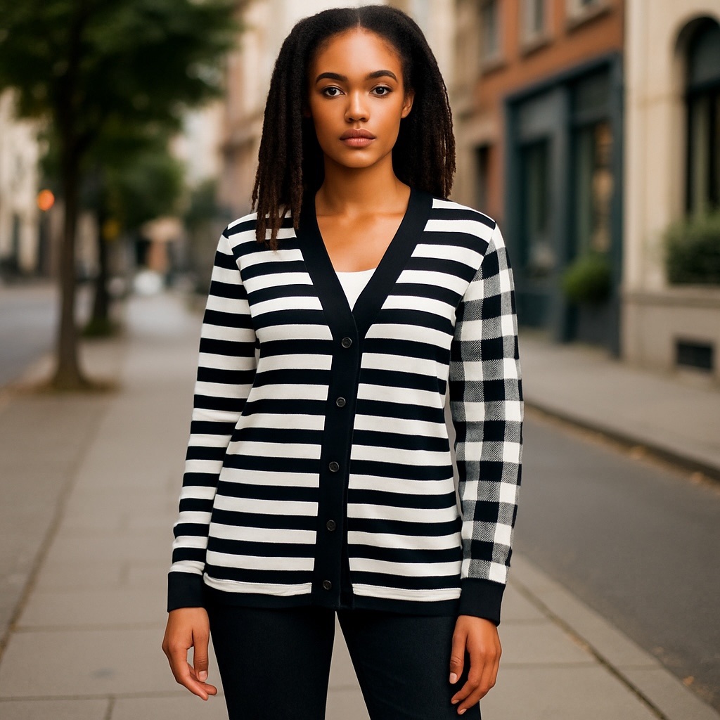 Nwt Boutique Black And White Mixed Striped And Check Women's Sweater Silk Blend